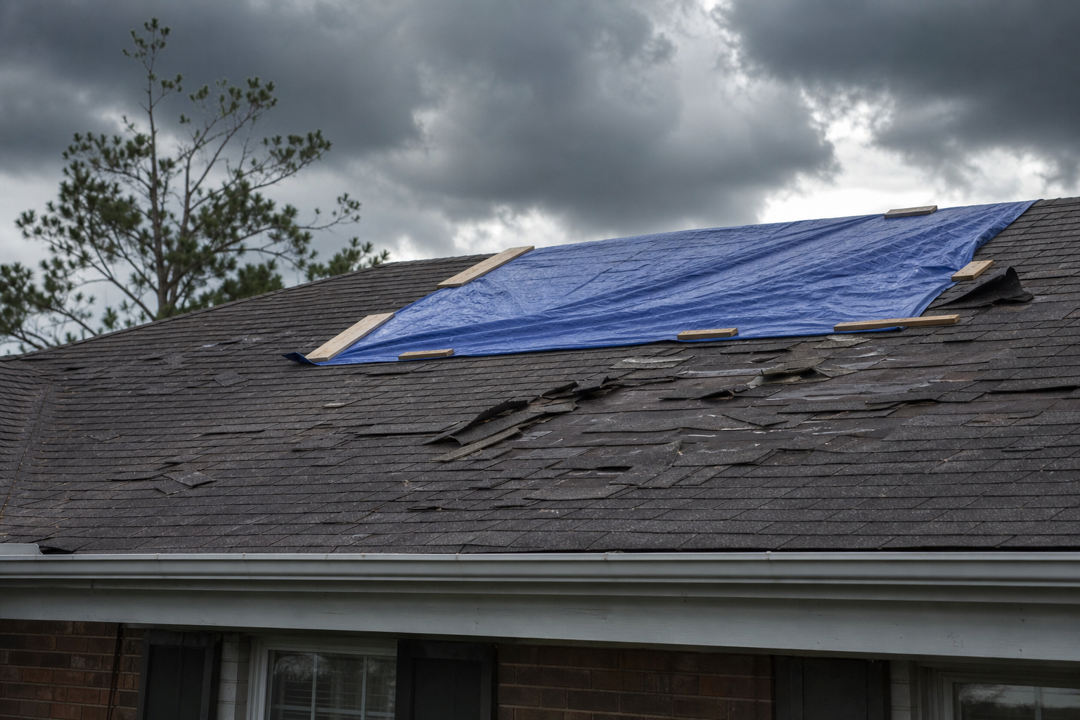 Storm-damaged roof with lifted shingles and an emergency tarp