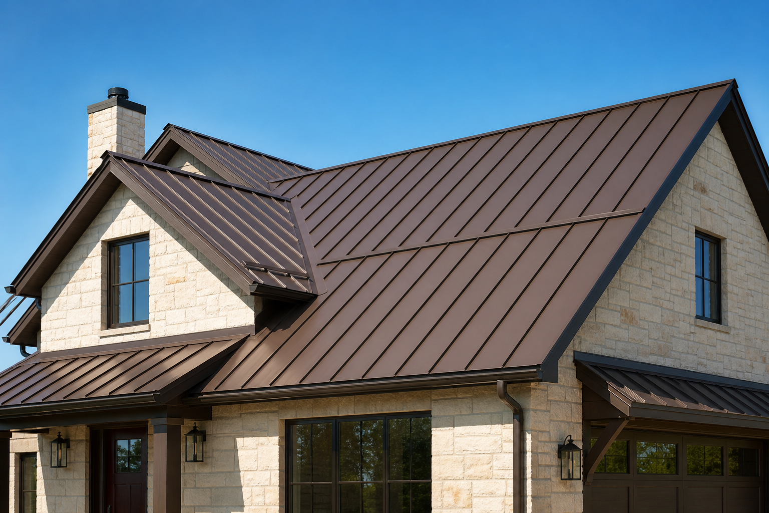 Standing-seam metal roof on a stone home